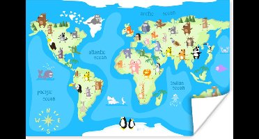Poster kinderen - Wereldkaart - Kind - Dieren - Blauw - Jongens - Meisjes - Decoratie voor kinderkamers - 30x20 cm - Poster kinderkamer - Muurdecoratie kinderkamer