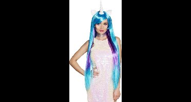 Boland - Pruik Eenhoorn Stardust Blauw,Neon - Steil - Lang - Vrouwen - Eenhoorn - Fantasy - Unicorn
