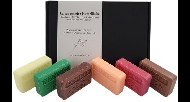 6x Savon de Marseille geschenk zeep set, Chocolade, Vanille, Menthe, Vigne Rouge, Sinaasappelbloesem, Mimosa 6x125 gr. brievenbus cadeau