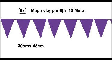 6x Mega vlaggenlijn paars 30cm x 45cm 10 meter - Reuze vlaggenlijn - vlaglijn mega thema feest verjaardag optocht festival