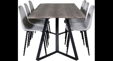 MarinaGRBL eethoek eetkamertafel el hout decor grijs en 6 Polar Diamond eetkamerstal velours grijs.