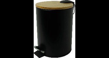 helit Tret-Abfallbehälter the bamboo, 3 Liter, schwarz aus pulverbeschichtetem Stahl, Fußpedal, Deckel aus Bambus, - 1 Stück (H2404495)