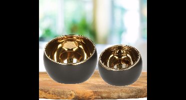 Theelichthouder/kaarsenhouder - set van 2x - zwart/goud - keramiek - luxe lifestyle