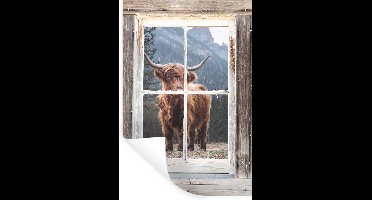 Muurstickers - Sticker Folie - Schotse hooglander - Doorkijk - Berg - Bomen - 20x30 cm - Plakfolie - Muurstickers Kinderkamer - Zelfklevend Behang - Zelfklevend behangpapier - Stickerfolie