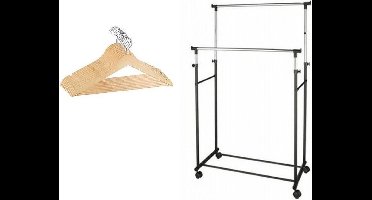 Mobiel verrijdbaar kledingrek met dubbele stang en 10 stuks kunststof kledinghangers hout - kleding opbergen