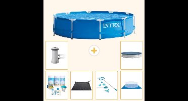 Intex Rond Frame Zwembad - 366 x 76 cm - Blauw - Inclusief Onderhoudspakket - Solar Mat - Schoonmaakset - Grondzeil - Zwembadfilterpomp - Afdekzeil - 7-delig