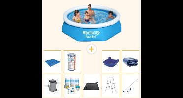 Bestway Rond Opblaasbaar Fast Set Zwembad - 244 x 61 cm - Blauw - Inclusief Pomp - Onderhoudspakket - Solar Mat - Ladder - Schoonmaakset - Grondzeil - Filter - Voetenbad - Solarzeil - 10-delig
