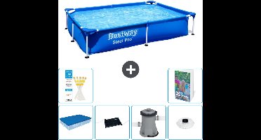 Bestway Rechthoekig Steel Pro Zwembad - 221 x 150 x 43 cm - Blauw - Inclusief Afdekzeil - Solar Mat - Zwembadfilterpomp - Verlichting - 7-delig