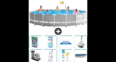 Intex Rond Prism Frame Zwembad - 610 x 132 cm - Grijs - Inclusief Pomp - Ladder - Grondzeil - Afdekzeil - Filter - Stofzuiger - 9-delig