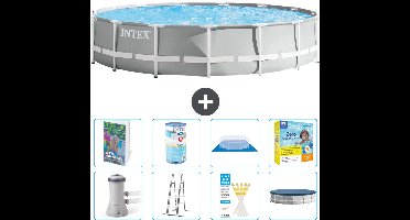 Intex Rond Prism Frame Zwembad - 457 x 107 cm - Grijs - Inclusief Pomp - Ladder - Grondzeil - Afdekzeil - Filter - Onderhoudspakket - 9-delig