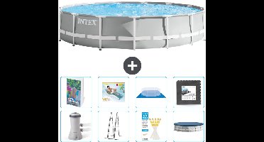 Intex Rond Prism Frame Zwembad - 457 x 107 cm - Grijs - Inclusief Pomp - Ladder - Grondzeil - Afdekzeil - Loungebed - Vloertegels - 9-delig