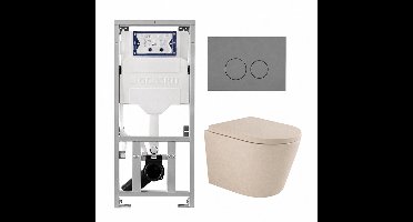 QeramiQ Dely Swirl Toiletset - 36.3x51.7cm - Geberit UP320 inbouwreservoir - met Burda frame - 35mm zitting - bedieningsplaat licht grijs - ronde knoppen - beige