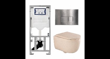 QeramiQ Dely Swirl Toiletset - 36.3x51.7cm - Geberit UP320 inbouwreservoir - met Burda frame - 35mm zitting - steel bedieningsplaat - rechthoekige knoppen - beige