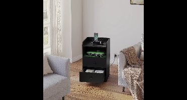 Nachtkastje - Bijzettafel - Nachtkastje met Oplaadstation – 2 USB-poorten - 2 Stopcontacten – Bijzettafel met Verstelbare LED-Verlichting – Houten Overbedtafel – Modern Slaapkamermeubel - 40x64x35 cm - Zwart
