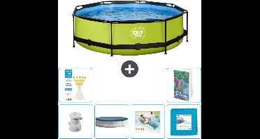 EXIT Rond Lime Frame Zwembad - 300 x 76 cm - Inclusief Pomp Afdekzeil - Loungebed - Vloertegels - 7-delig