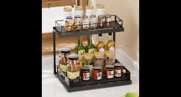 1 Stuk Opbergrek Voor Onder De Gootsteen, Uittrekbare Kastorganizer - Dubbeldeks Schuifrek En Opbergrek - Metalen Ladegeleiders, Geschikt Voor Opslag in Keuken, Badkamer, Voorraadkast En Kast (Zwart)