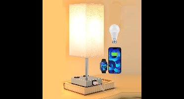 Set van 1 Beige Touch Tafellampen – Nachtkastlamp met USB-C + USB A + Stopcontact – 3-standen Dimbaar – Bedlamp met Kap – Inclusief Lamp – Slaapkamer Woonkamer