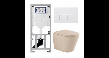 QeramiQ Dely Toiletset - 36.3x51.7cm - diepspoel - rimless - Geberit UP320 inbouwreservoir - softclose toilet zitting 35 mm - mat witte bedieningsplaat - rechthoekige knoppen - mat beige