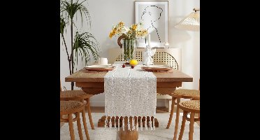 Rustieke Linnen Tafelloper, Tafelloper In Boerderijstijl Met Handgemaakte Kwastjes, Geschikt Voor Feest- En Restaurantdecoraties (33*228 Cm, Gebroken Wit).