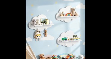 Zwevende wolk planken set van 3 met houders - Witte zwevende boekenplank voor kinderkamer - Schattige wolk wanddecoratie voor baby- en peuterkamer