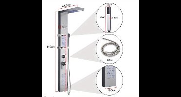 Douchescherm – Douchewand – Douchepaneel – Douchecabine – Douche Set – Aluminium – 4 Douchestanden Regen, Massage, Waterval, Handdouche – Veiligheidsglas 115 cm Hoog