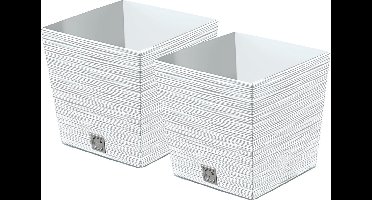 Prosperplast Plantenpot/bloempot Furu Stripes - 2x - voor buiten - kunststof - wit - vierkant - D24 x H23.5 cm