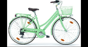 Damesfiets Hybride - Stadsfiets 28 inch - Met 18 versnellingen - Fietsmand - Framemaat 46 cm - V-brakes en remgrepen - Mintgroen