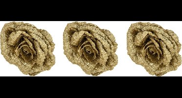 6x stuks decoratie bloemen roos goud glitter op clip 18 cm - Decoratiebloemen/kerstboomversiering/kerstversiering