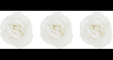4x stuks decoratie bloemen roos wit glitter op clip 18 cm - Decoratiebloemen/kerstboomversiering/kerstversiering