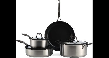 BK Ceramic Black RVS pannenset 7 delig - Keramische Antiaanbaklaag - PFAS-vrij - Inductie pannenset - Vaatwasserbestendig - Single-ply - ovenbestendig tot 180 graden - met deksels - Zwart/Grijs