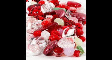 Glazen kralen, lieveheersbeestje, bladeren, harten, d 5-22 mm, gatgrootte 0,5-1,5 mm, diverse kleuren, 350 gr