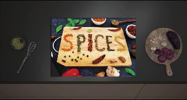 Inductie Beschermer - Spices op een plank met Schaaltjes - 70x52 cm - 2 mm Dik - Inductieplaat Beschermer met zwarte kern