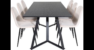 MarinaBLBL eethoek eetkamertafel zwart en 6 Polar eetkamerstal velours beige.