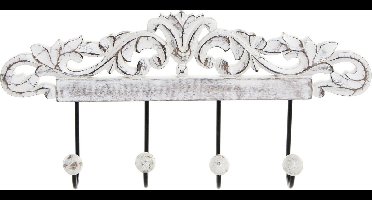 Items Kapstok rek voor wand/muur - wit - 4x ophanghaken/knoppen - Hout/metaal - 35 x 20 cm