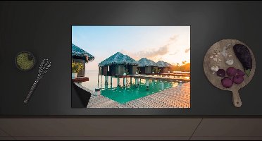 Inductie Beschermer - Houten Hutjes boven de Zee tijdens Zonsondergang - 70x52 cm - 2 mm Dik - Inductieplaat Beschermer met zwarte kern
