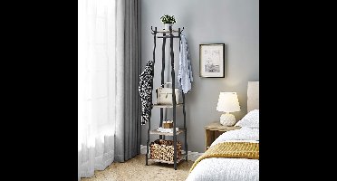 Hoppa! Garderobe, kapstok, kapstok met 3 planken, haak, kapstok, stevig, met metalen frame, houtlook, industrieel ontwerp, grijs-zwart