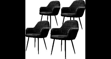 Eetkamerstoel set van 4 met rugleuning en armleuningen zwart Keukenstoel met microvezel fluwelen bekleding