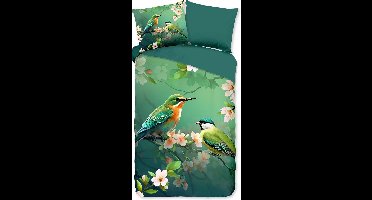 Pure dekbedovertrek bloemen en vogels - 1 persoons 140x200/220 cm - Groen - Microvezel