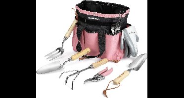 WORKPRO Tuingereedschapset, 8 in 1 Roze Tuingereedschap met Opbergtas, Gemaakt van Roestvrij Staal, Tuinschep met Houten Handvat, Bloemenschaar, Tuinklauw, Handcultivator, Cadeau voor Tuinmannen