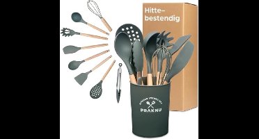 Siliconen Keukengerei Set Grijs - 8 Stuks Keukengerei met Hittebestendig Houten Handvat