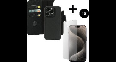 Mobiparts Leather 2 in 1 Wallet Case hoesje geschikt voor Apple iPhone 15 Pro met 1 Screenprotector van Gehard Glas - Zwart