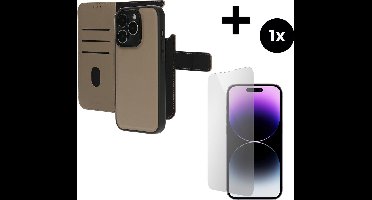 Mobiparts Leather 2 in 1 Wallet Case hoesje geschikt voor Apple iPhone 14 Pro met 1 Screenprotector van Gehard Glas - Beige