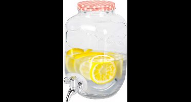 Drankdispenser/limonadetap - met tapje - glas - 4 liter - rood/wit geblokte dop - 15 x 26 cm