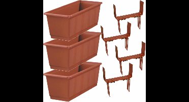 Set van 5 kunststof plantenbakken terracotta rechthoekig 40 cm met 10 verstelbare railing balkonbeugels