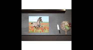 Inductieplaat Beschermer - Bruin Veulen met Witte Bles Rennend door Veld Vol Rode Bloemen - 60x50 cm - 2 mm Dik - Inductie Beschermer - Bescherming Inductiekookplaat - Kookplaat Beschermer van Wit Vinyl