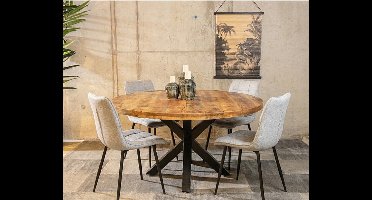 Meubelplaats Combideal Lucille : ronde eettafel Mangohout 120 cm met 4 Lucille eetkamerstoelen - Stof perfect harmony - Lichtgrijs - Eethoek - eetkamerset - eettafel met stoelen