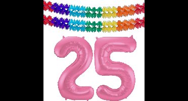Folat Verjaardag Leeftijd folieballon - 25 jaar - roze - 86 cm - cijferballon groot - incl 2x feestslingers