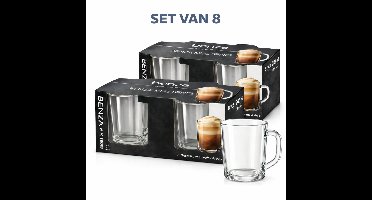 Theeglazen Set - 8 Stuks - 246 ml - Koffieglazen met Oor - Transparant
