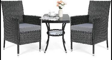 Loungesetje Tuin – Loungeset Balkon – Tuinmeubel – Buitenset – PE-Rattan – Metalen Frame – Glazen Tafelblad