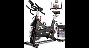 Hometrainer – Fitnessfiets – Binnenfiets – Spinbike – Fiets – Stille Riemaandrijving – Zwaar Vliegwiel – Verstelbaar Zadel – Digitaal Display – Zwart Oranje